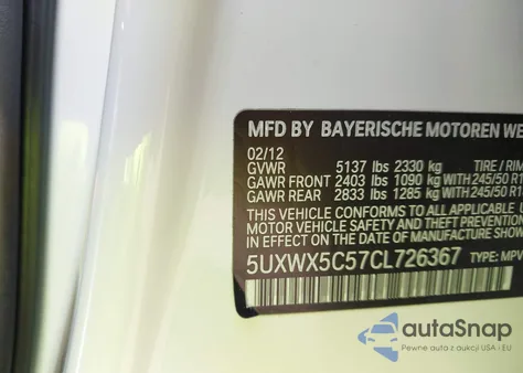 2012 BMW X3 xDrive28I из США, поврежденный, VIN 5UXWX5C57CL726367